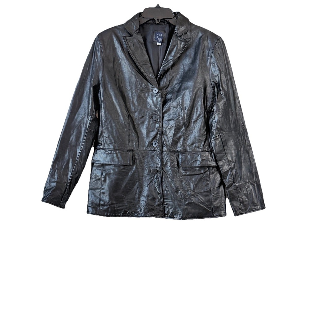 Vintage Y2Kโ Gap Black Glazed Leather Blazer Jacket Womens Medium